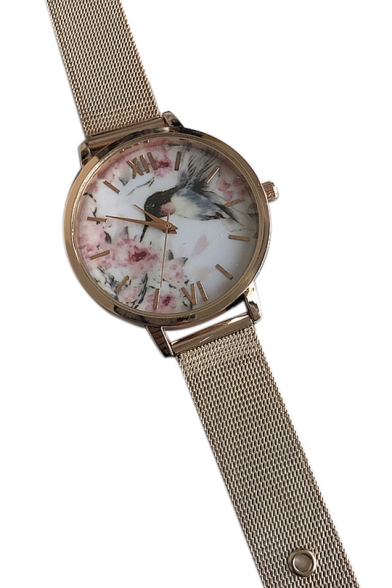 Floral Bird Pattern Case Mesh Strap Quartz Watch