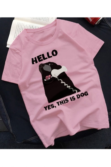 Funny HELLO Letter Dog Printed Round Neck Short Sleeve Tee