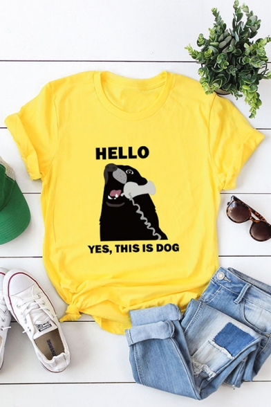 Funny HELLO Letter Dog Printed Round Neck Short Sleeve Tee