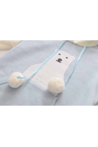 Japanese Bear Printed Color Block Faux Fut Patchwork Long Sleeve Loose Hoodie
