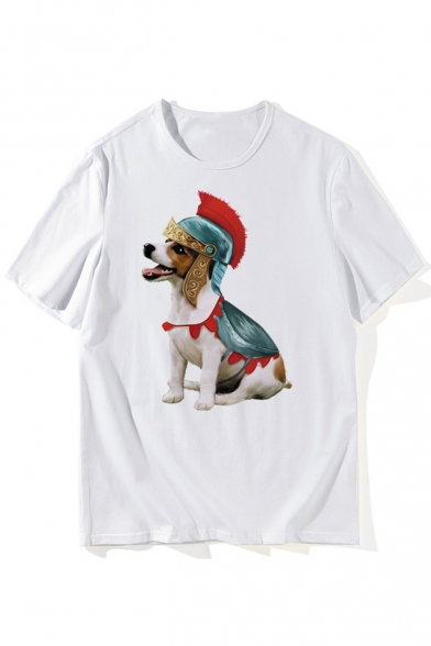 Solider Dog Printed Round Neck Short Sleeve T-Shirt