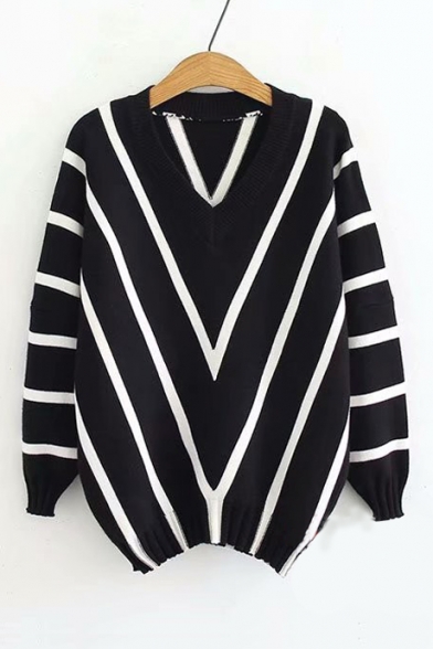 Striped Printed V Neck Long Sleeve Rib Knit Trim Slim Sweater