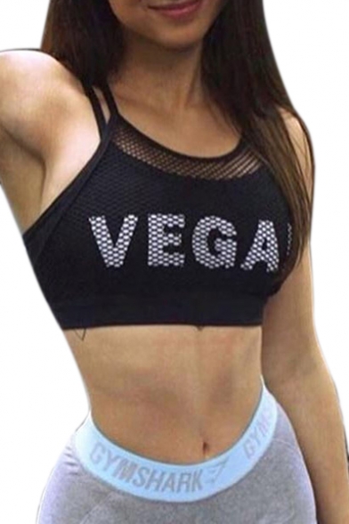 VEGAN Letter Printed Mesh Patched Spaghetti Straps Sleeveless Sports Crop Cami