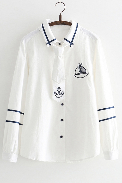 Boat Embroidered Contrast Striped Self-Tie Front Button Front Lapel Collar Long Sleeve Shirt