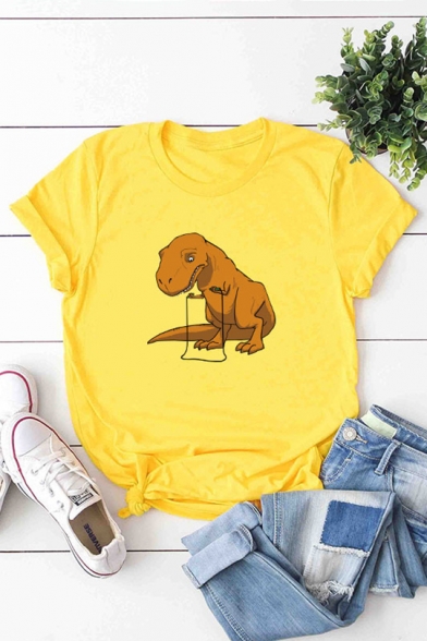 Cartoon Dinosaur Printed Short Sleeve Round Neck Casual T-Shirt