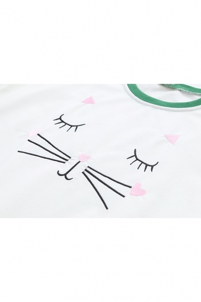 Cat Heart Embroidered Contrast Trim Round Neck Long Sleeve Sweatshirt