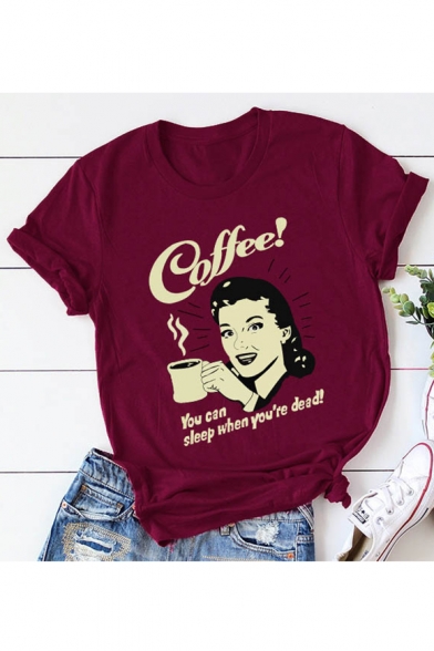 COFFEE Letter Character Printed Round Neck Short Sleeve T-Shirt