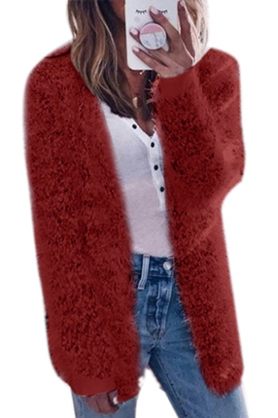 Collarless Plain Long Sleeve Tunic Faux Fur Coat