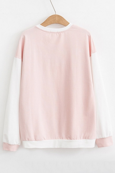 Color Block Cat Japanese Printed Round Neck Long Sleeve Sweatshirt