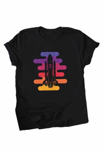 Colorful Rocket Printed Round Neck Short Sleeve T-Shirt