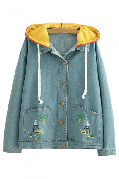Contrast Hood Cute Cartoon Embroidered Long Sleeve Button Front Loose Denim Jacket