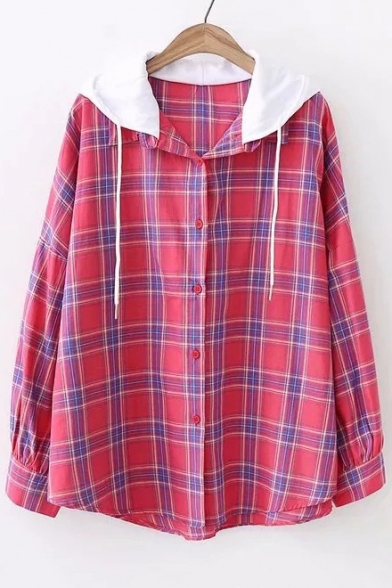 Contrast Hood Plaid Printed Long Sleeve Button Front Hooded Shirt