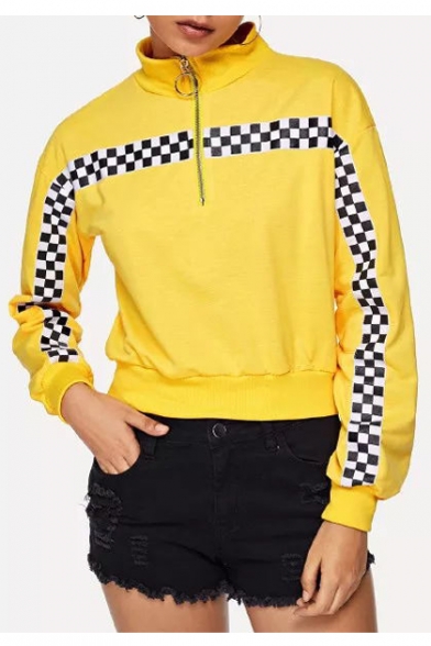 Contrast Monochrome Printed Zipper Front Stand Up Collar Long Sleeve Crop Sweatshirt