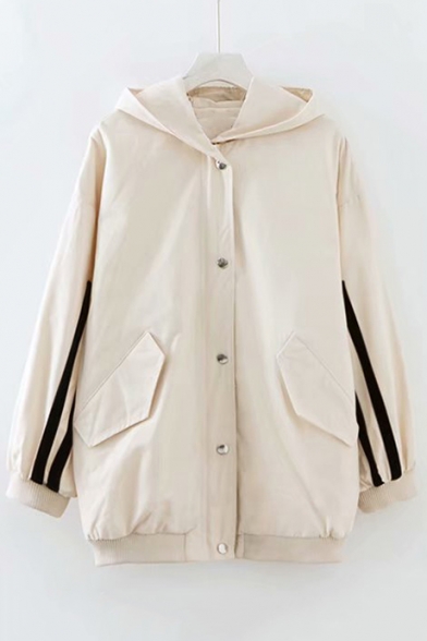 Contrast Striped Patched Long Sleeve Button Closure Hooded Jacket