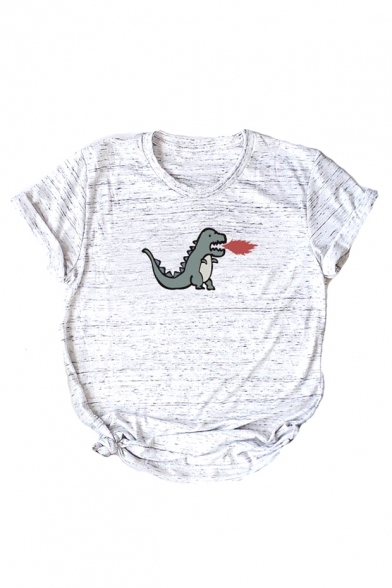 Cute Cartoon Dinosaur Fire Printed Round Neck Short Sleeve Tee