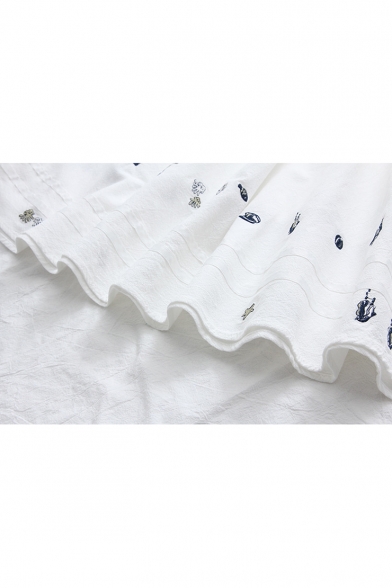 Elastic Waist Embroidered Crinkled Linen Midi A-Line Skirt