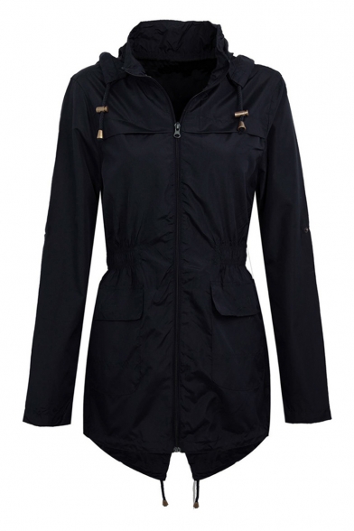 Elastic Waist Long Sleeve Zip Up Hooded Sports Waterproof Hooded Coat