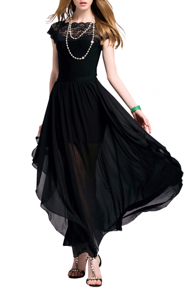 Elegant Lace Insert Round Neck Short Sleeve Maxi A-Line Dress