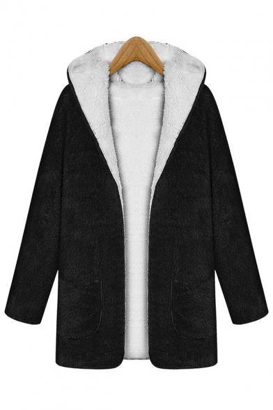 Faux Fur Open Front Long Sleeve Plain Tunic Hooded Coat