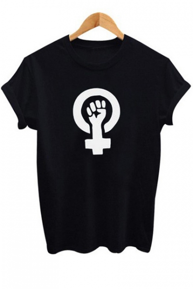 Hand Woman Symbol Printed Round Neck Short Sleeve T-Shirt