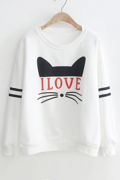 

I LOVE Letter Cat Printed Contrast Striped Long Sleeve Round Neck Sweatshirt, LC481740