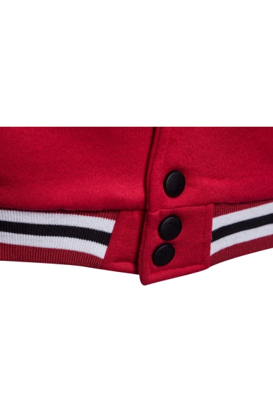Letter Printed Color Block Stand Collar Long Sleeve Button Front Baseball Jacket