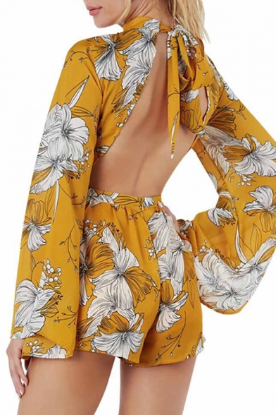 Mock Neck Floral Printed Long Sleeve Hollow Out Back Leisure Romper