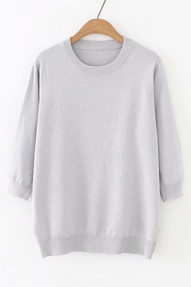 Round Neck 3/4 Length Sleeve Plain Tunic Sweater