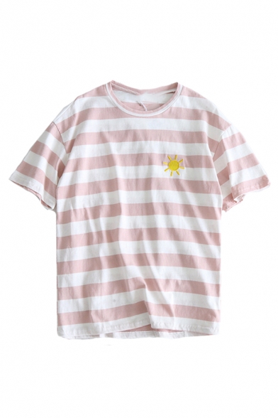 Striped Printed Sun Embroidered Round Neck Short Sleeve Leisure Tee