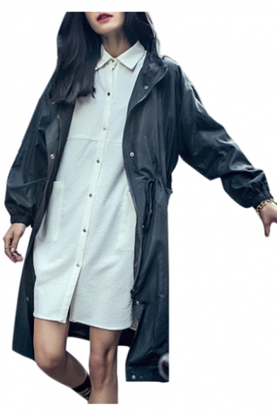 Trendy Plain Long Sleeve Elastic Cuff Zip Up Tunic Hooded Coat
