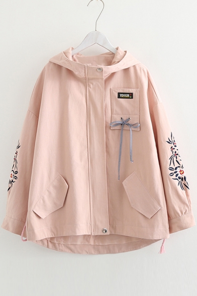 Zip Up Long Sleeve Floral Embroidered Loose Hooded Coat