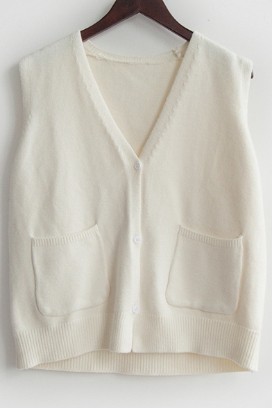 Button Up V Neck Sleeveless Plain Vest Sweater