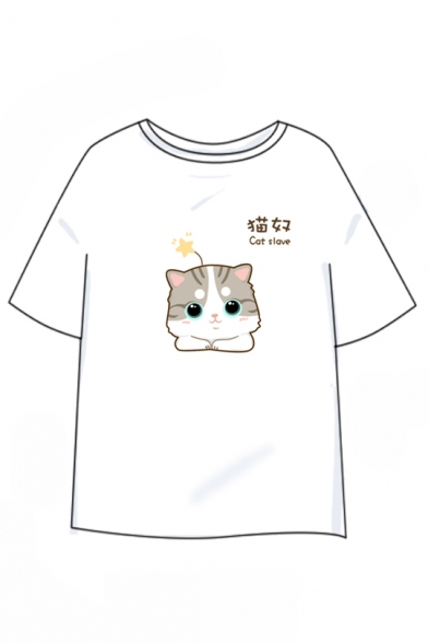 Cat Chinese Letter Printed Round Neck Short Sleeve Tee