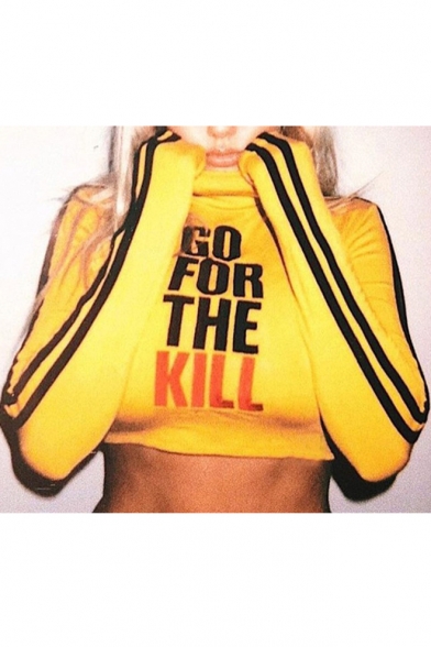 Contrast Striped Long Sleeve GO FOR THE KILL Letter Printed High Neck Skinny Crop Top