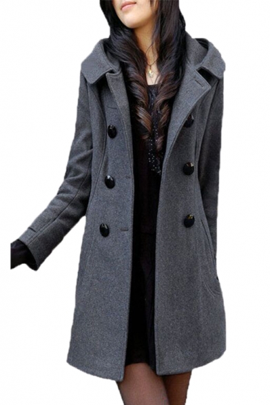 Double Breasted Long Sleeve Plain Tunic Hooded Coat