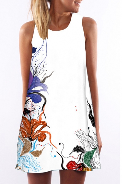 Fashion Floral Printed Round Neck Sleeveless Mini A-Line Dress