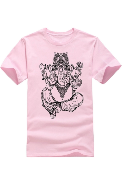 Floral Elephant Printed Round Neck Short Sleeve T-Shirt