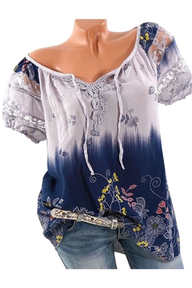 Floral Printed Tie Dye V Neck Short Sleeve Leisure T-Shirt