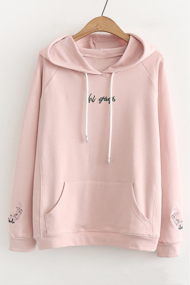 HI GUYS Letter Floral Embroidered Long Sleeve Leisure Hoodie