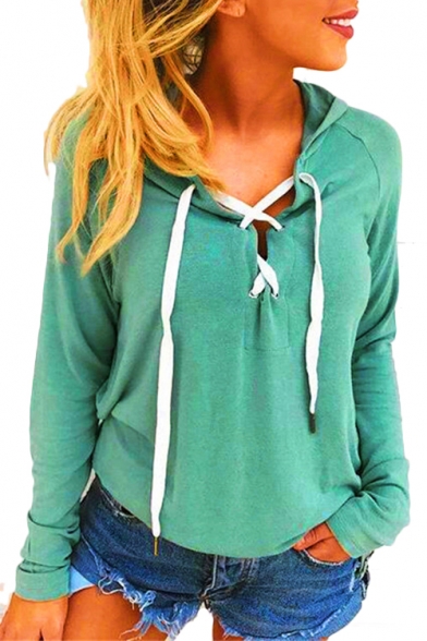 Lace Up Front Plain Long Sleeve Chic Hoodie