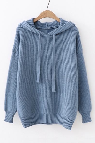 Long Sleeve Plain Leisure Ribbed Hooded Sweater