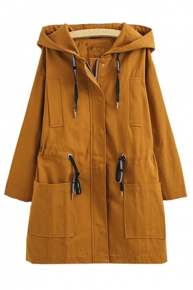 Relaxed Zip Up Long Sleeve Plain Tunic Hooded Coat