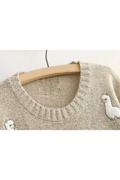 Round Neck Long Sleeve Lamb Pattern Applique Tunic Sweater