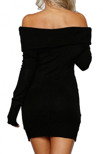 Sexy Plain Off The Shoulder Long Sleeve Mini Bodycon Knit Dress