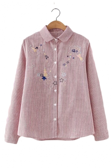 Star Embroidered Striped Printed Lapel Collar Long Sleeve Button Front Shirt