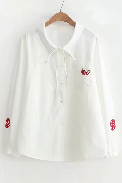 Strawberry Embroidered Lapel Collar Button Front Long Sleeve Shirt