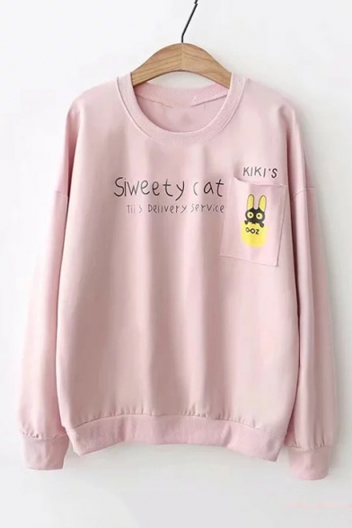 SWEETY CAT Letter Graphic Printed Round Neck Long Sleeve Sweatshirt
