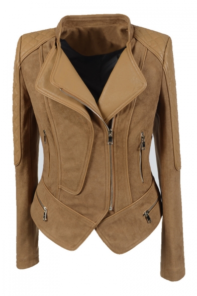 Zipper Embellished PU Patchwork Long Sleeve Zip Up Chic Crop Jacket