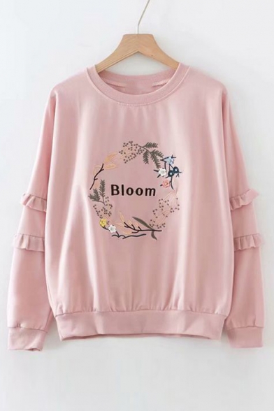 BLOOM Letter Floral Embroidered Round Neck Long Sleeve Sweatshirt