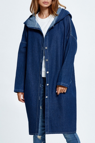 Button Front Plain Long Sleeve Tunic Denim Hooded Coat